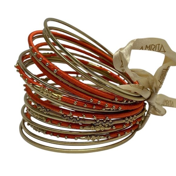 Amrita Singh Gold Tone Bangle Bracelet Set Orange Thread Wrapped 18 Bracelets - Picture 2 of 6
